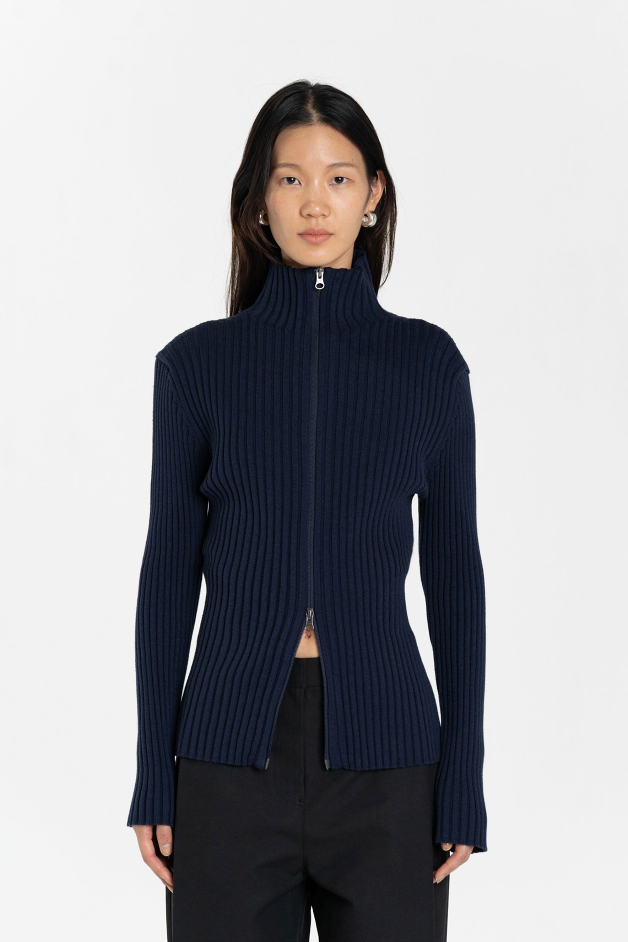 AMOMENTO RIBBED HIGH-NECK CARDIGAN