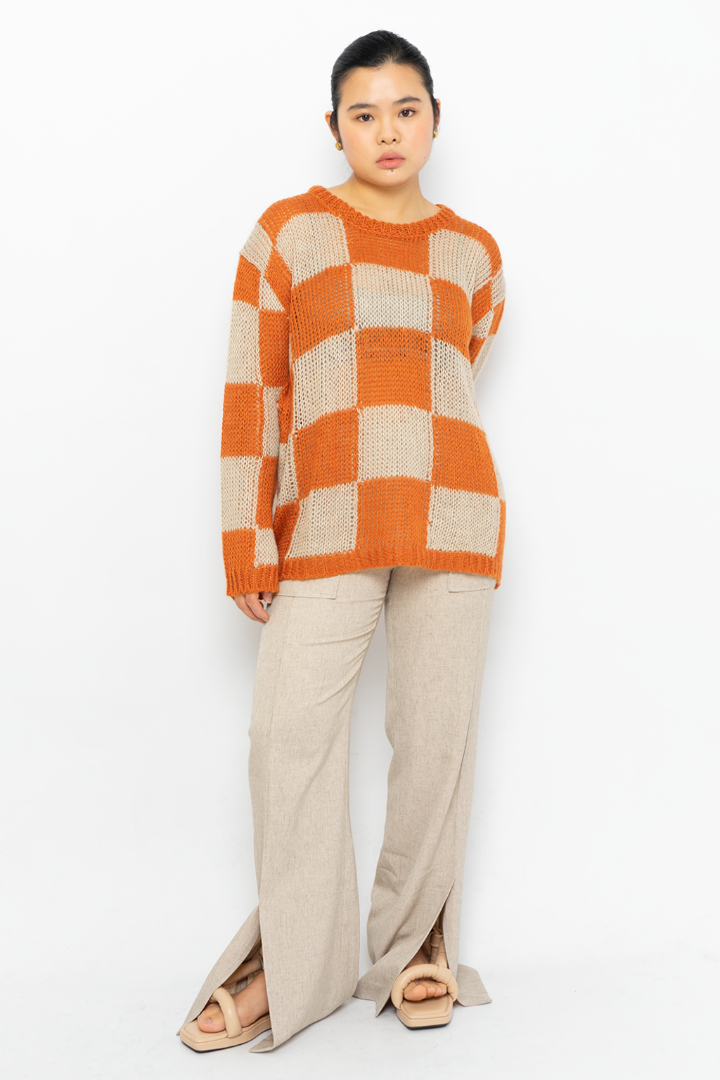 OPEN YY CHESSBOARD CHECK KNIT TOP