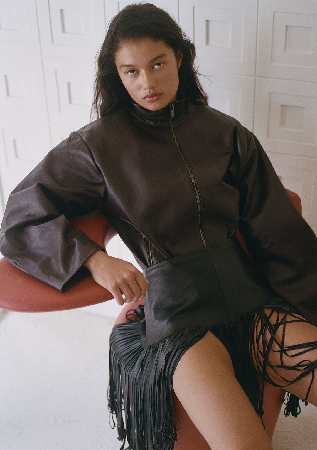 ST AGNI COCOON ZIP LEATHER JACKET CHOCOLATE