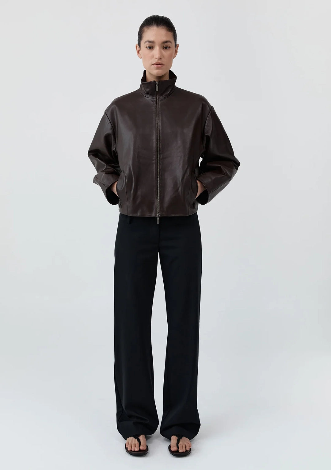 ST AGNI COCOON ZIP LEATHER JACKET CHOCOLATE
