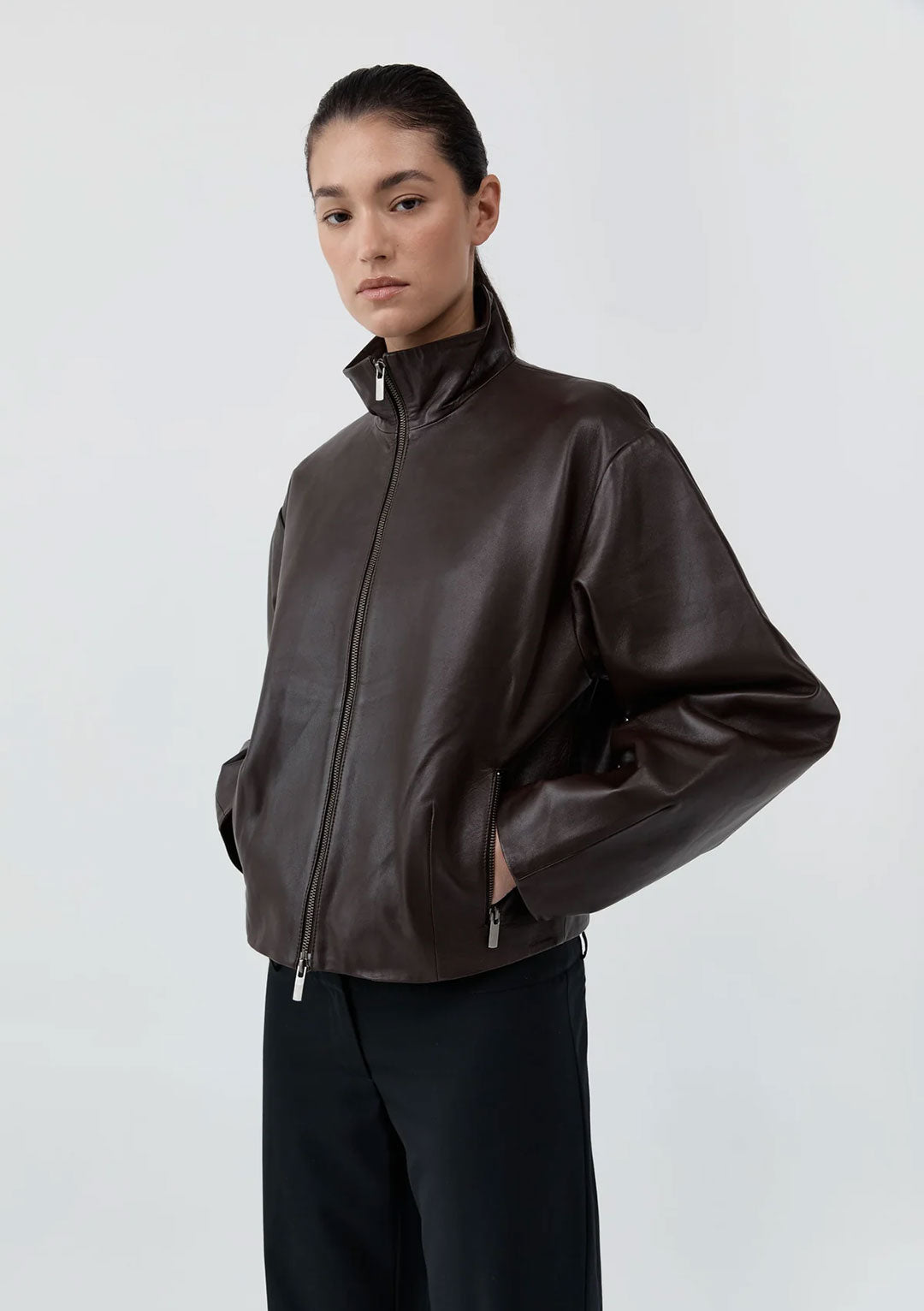 ST AGNI COCOON ZIP LEATHER JACKET CHOCOLATE