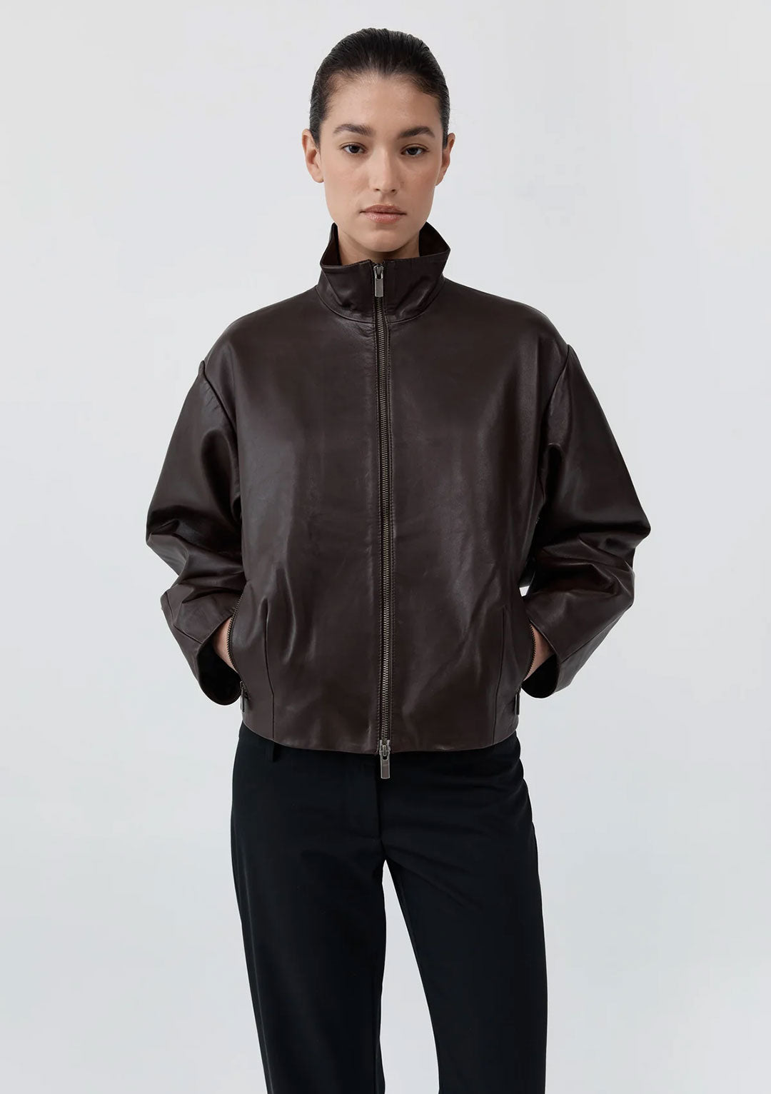 ST AGNI COCOON ZIP LEATHER JACKET CHOCOLATE