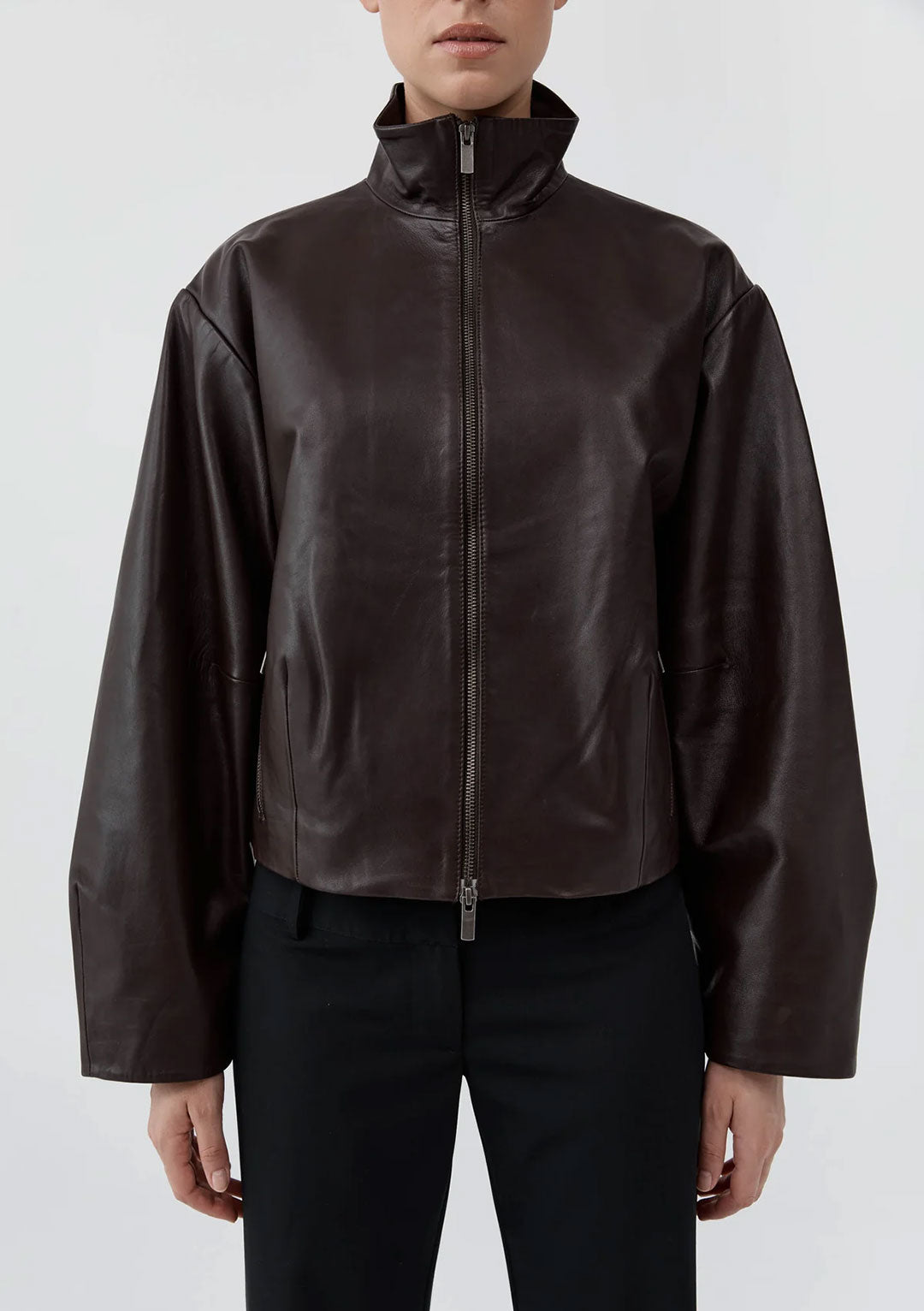 ST AGNI COCOON ZIP LEATHER JACKET CHOCOLATE