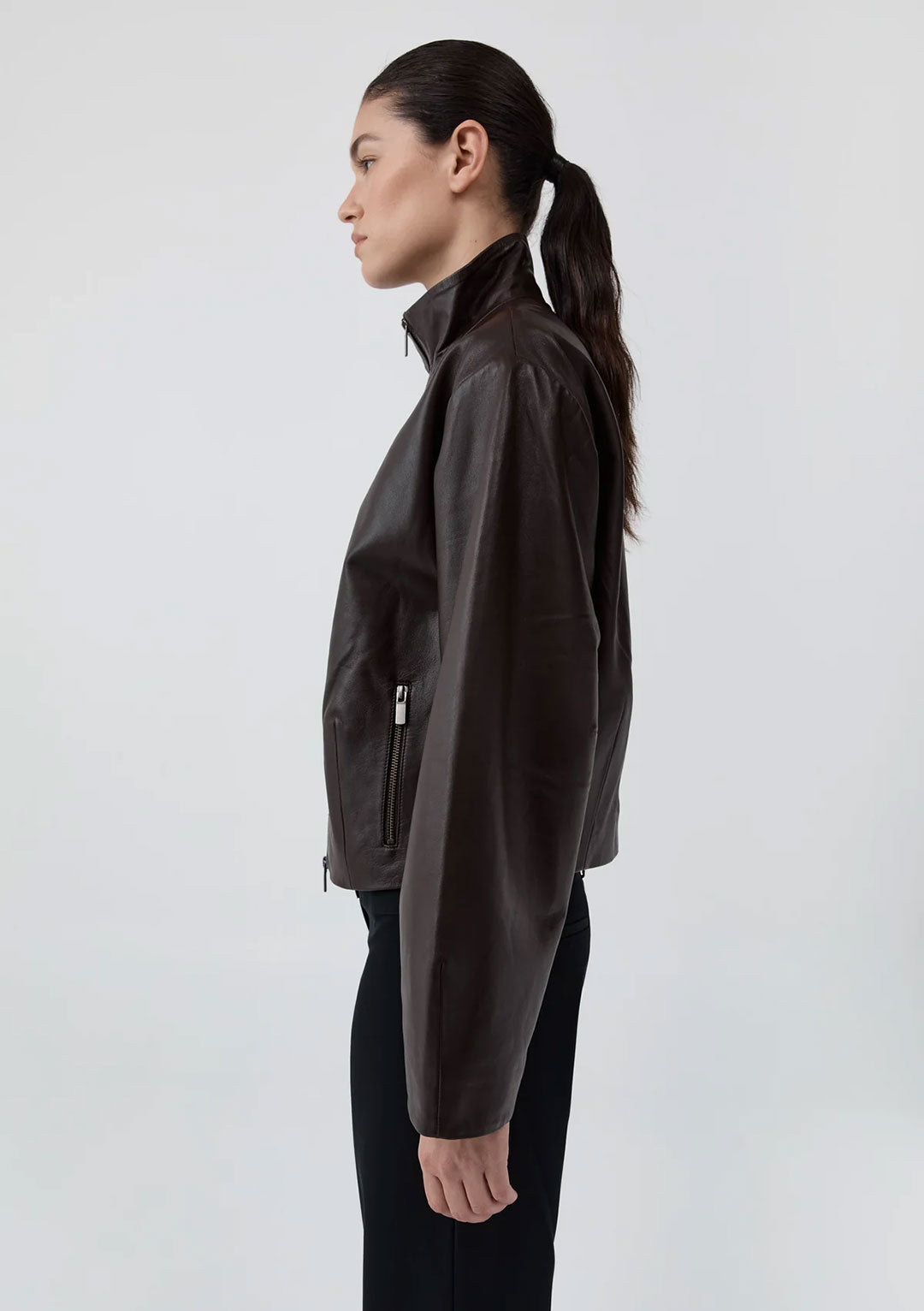 ST AGNI COCOON ZIP LEATHER JACKET CHOCOLATE