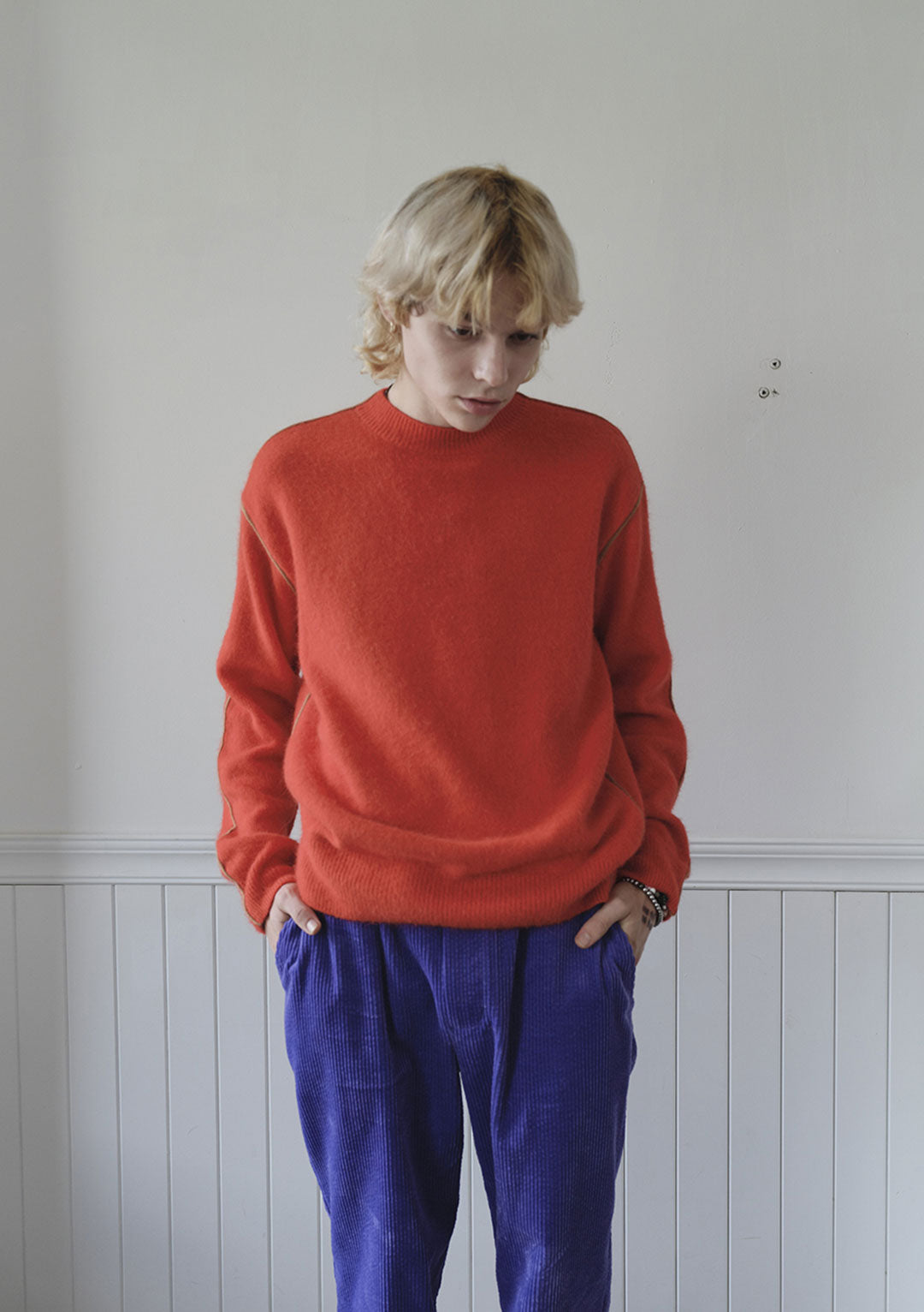 YOUNGOH CONTRAST TRIM ANGORA KNIT RED/BEIGE
