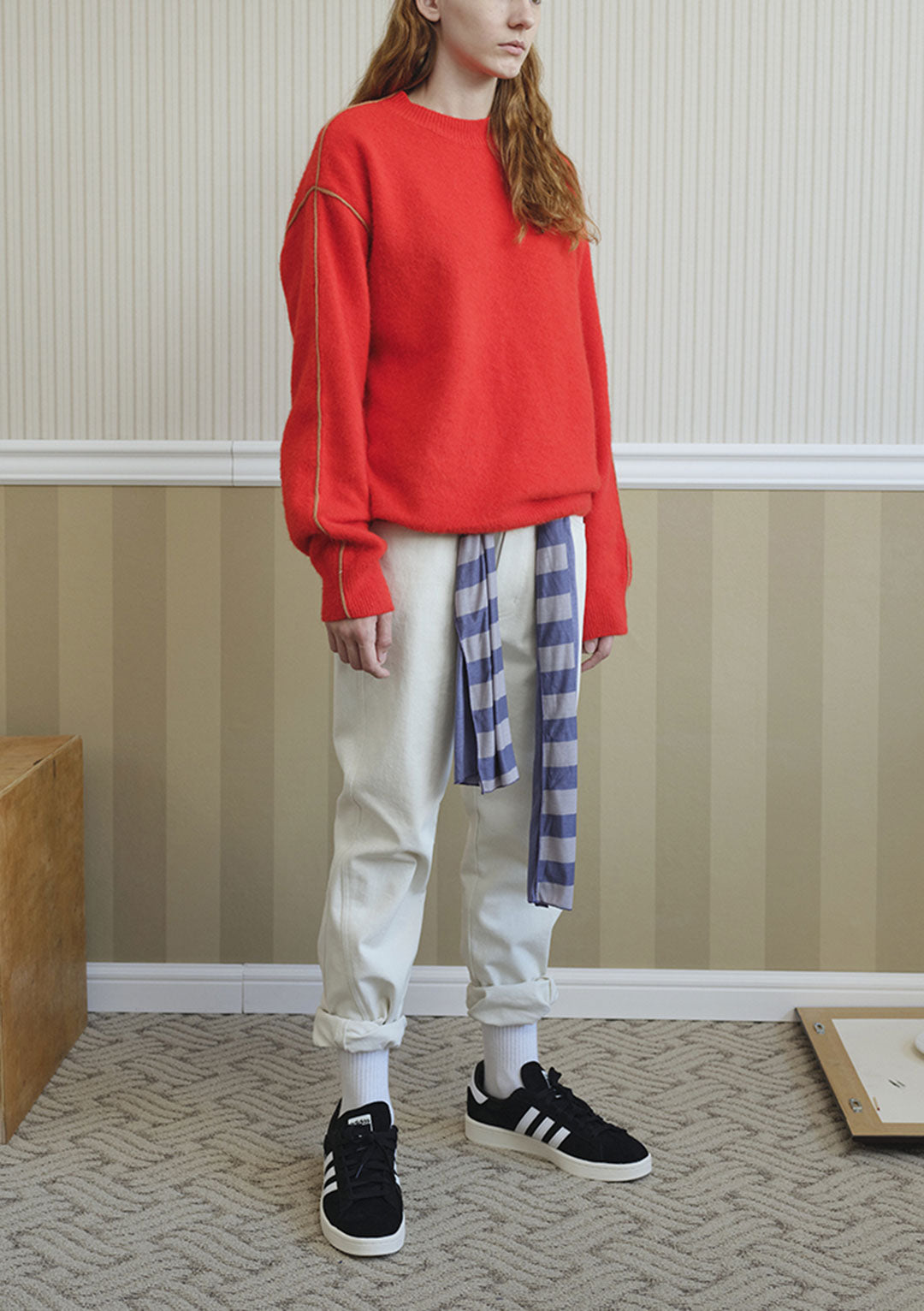 YOUNGOH CONTRAST TRIM ANGORA KNIT RED/BEIGE