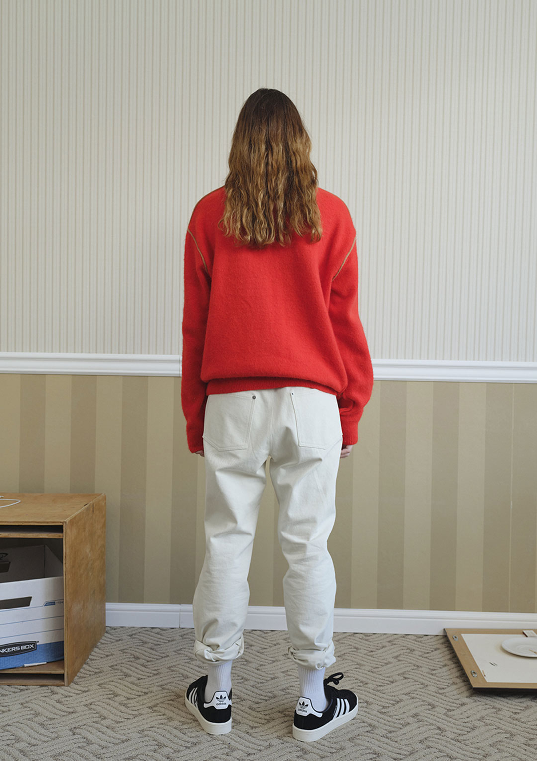 YOUNGOH CONTRAST TRIM ANGORA KNIT RED/BEIGE
