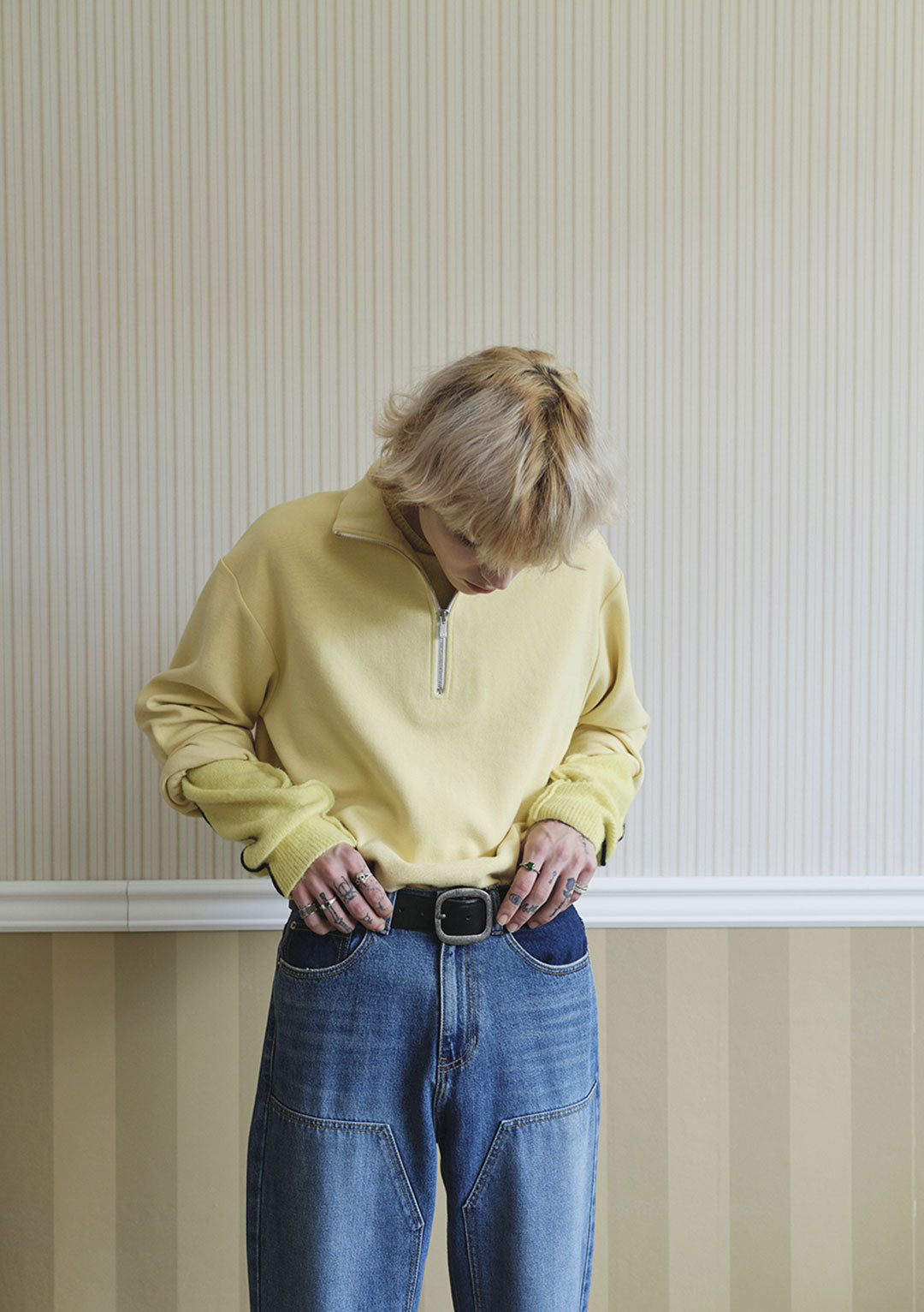 ZIP NECK JERSEY TOP PALE YELLOW