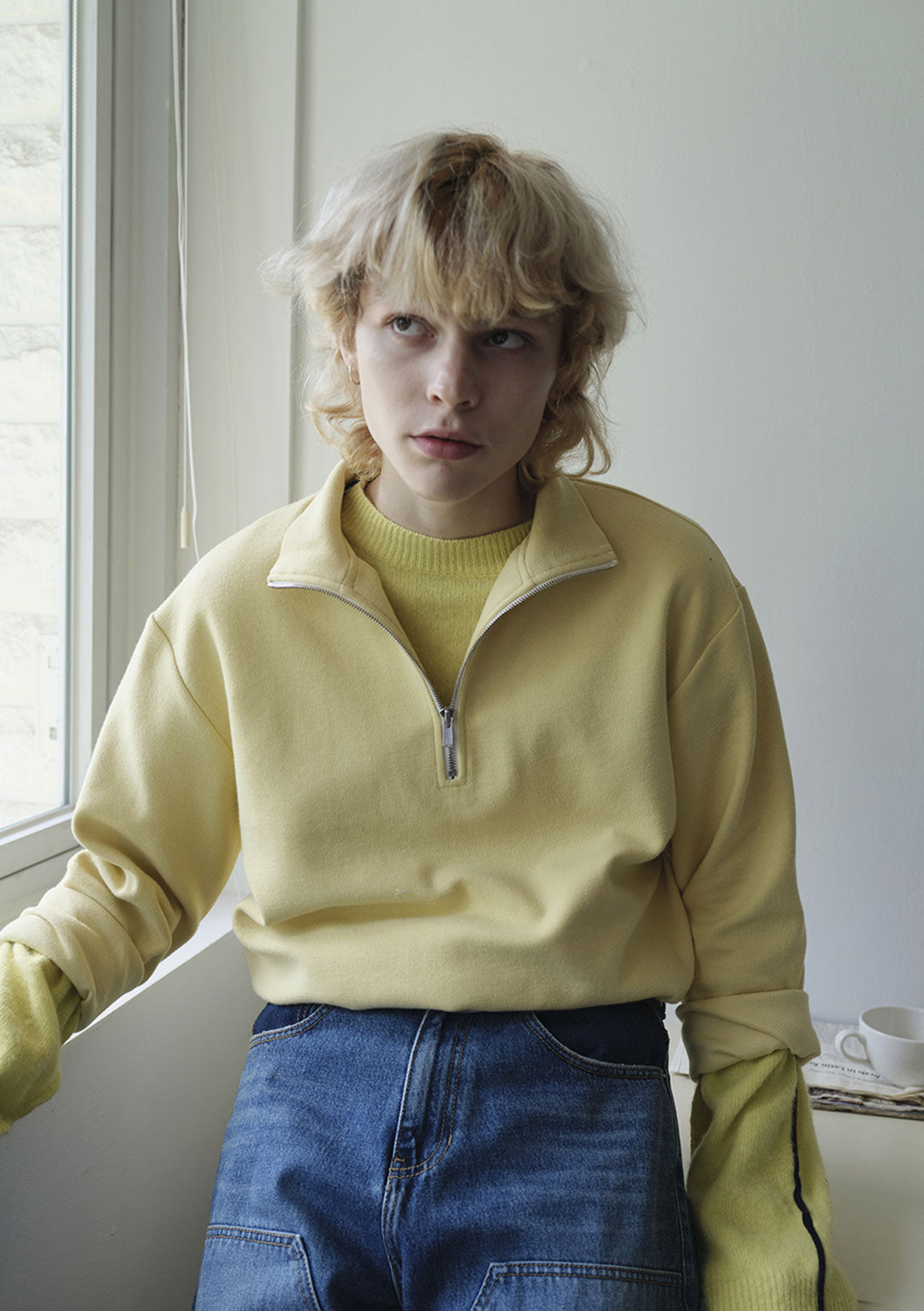 ZIP NECK JERSEY TOP PALE YELLOW