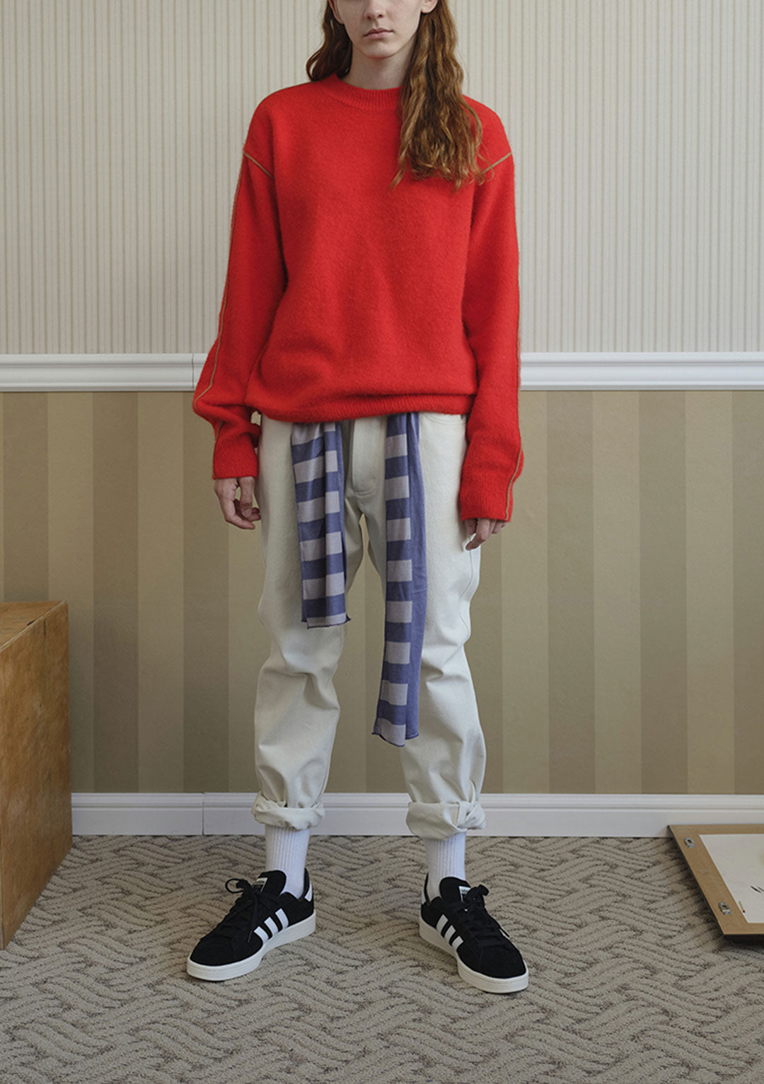 YOUNGOH CONTRAST TRIM ANGORA KNIT RED/BEIGE