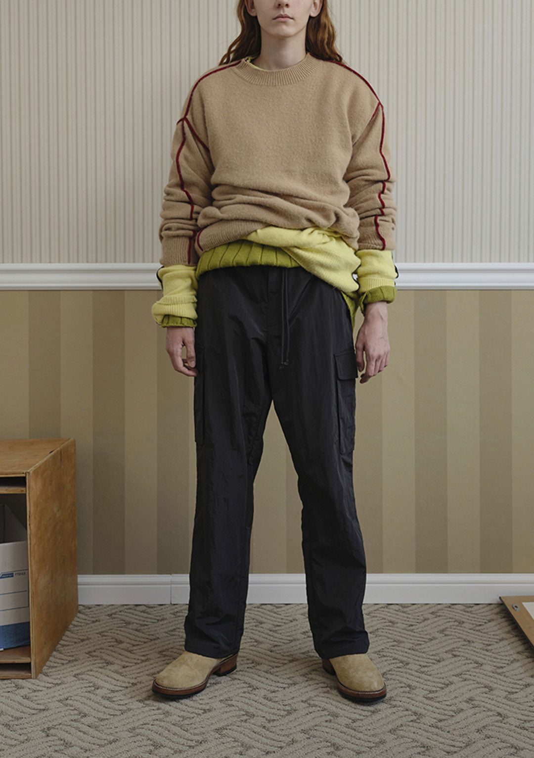 YOUNGOH CONTRAST TRIM ANGORA KNIT BEIGE/WINE