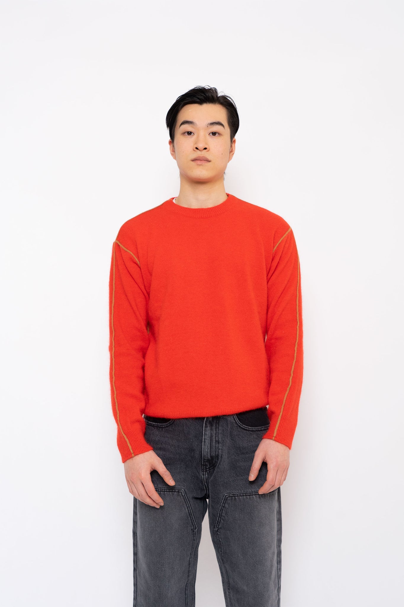 YOUNGOH CONTRAST TRIM ANGORA KNIT RED/BEIGE