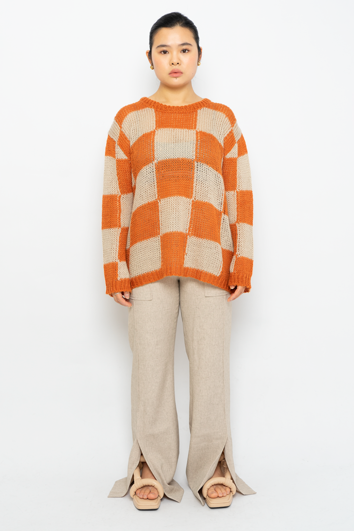 OPEN YY CHESSBOARD CHECK KNIT TOP